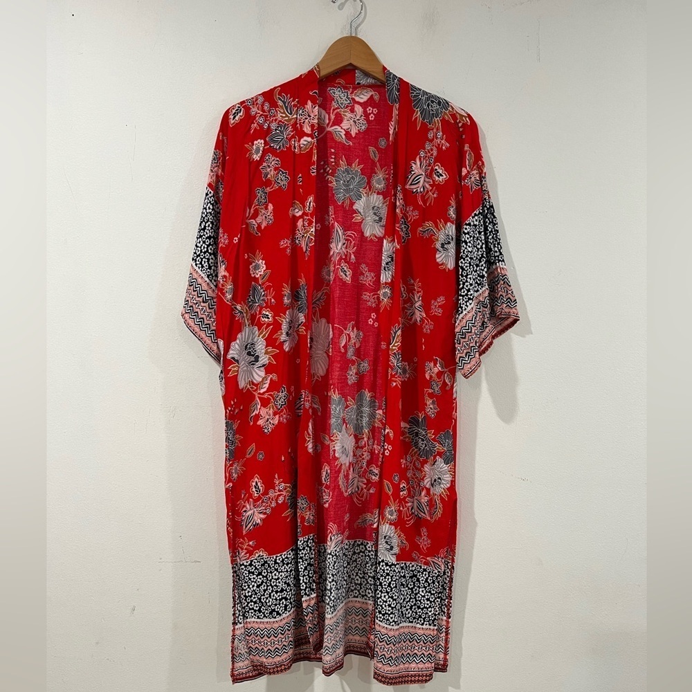 Kimono bikini cover tunic, 100% VISCOSE, one size, red color floral print